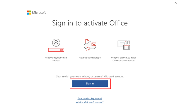 Office 2019 Pro Plus etkinleştirme için oturum açma ekranı